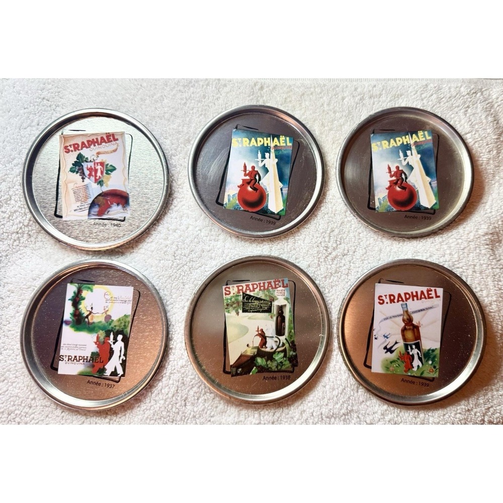 Vintage Coasters -Set of 6 Round Metal  St Raphaël coasters.